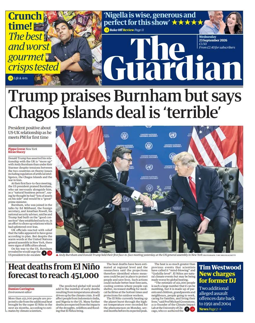 《卫报》报道了英国首相安迪·伯纳姆与美国总统唐纳德·特朗普周二的会面，随后美国总