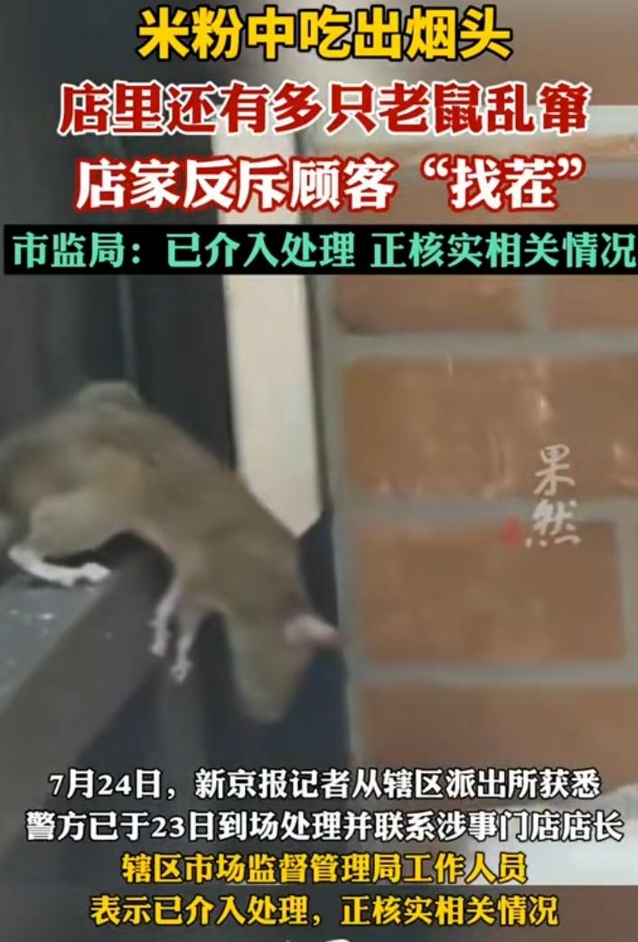 顾客在米粉店里吃出烟头，店里现场还看见有多只老鼠乱窜！顾客反映店主竟然反诉顾客“