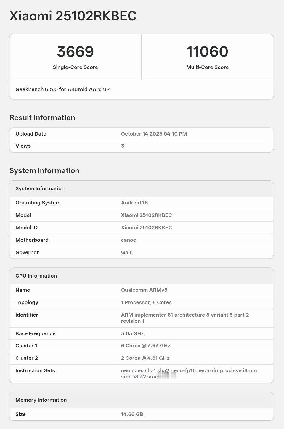 REDMI K90 Pro现身Geekbench6数据库- 型号：25102RK