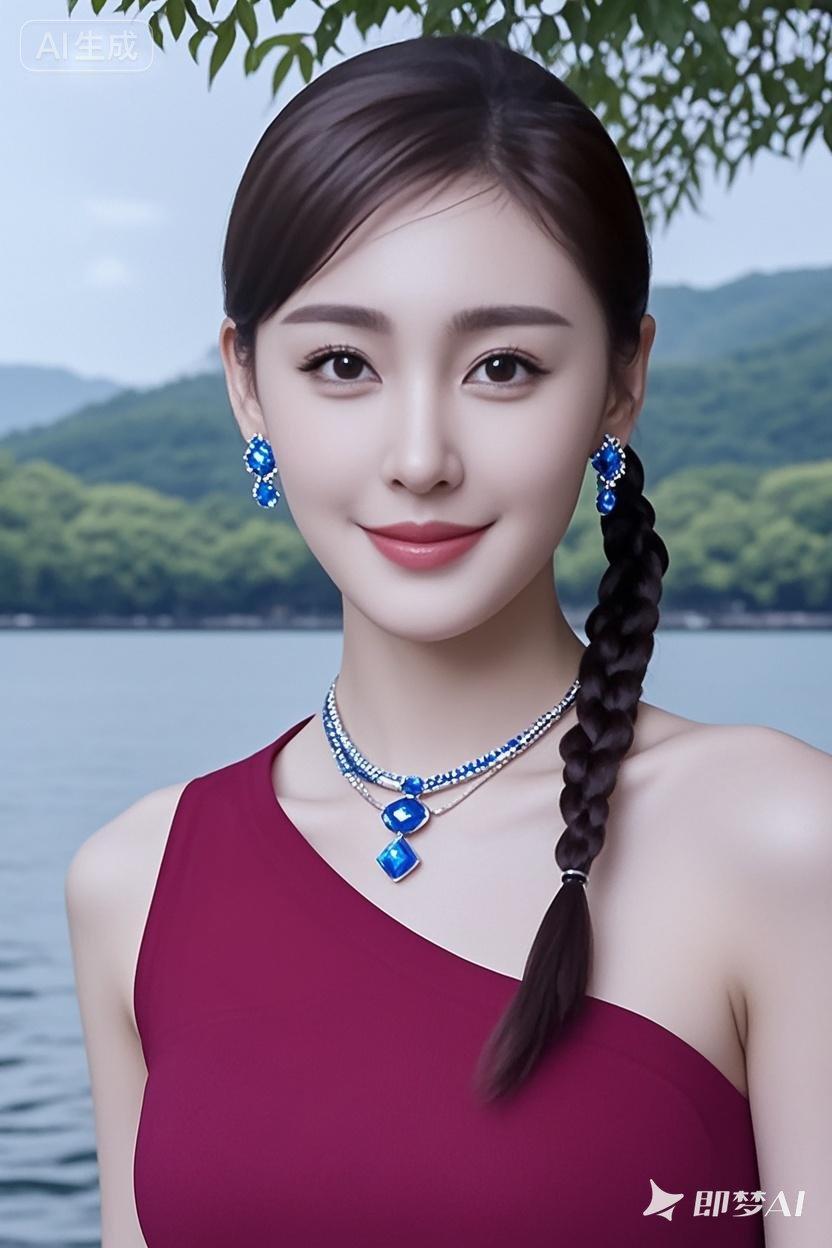 夏日清新少女，蓝宝石项链点缀，自然背景下的甜美笑容。