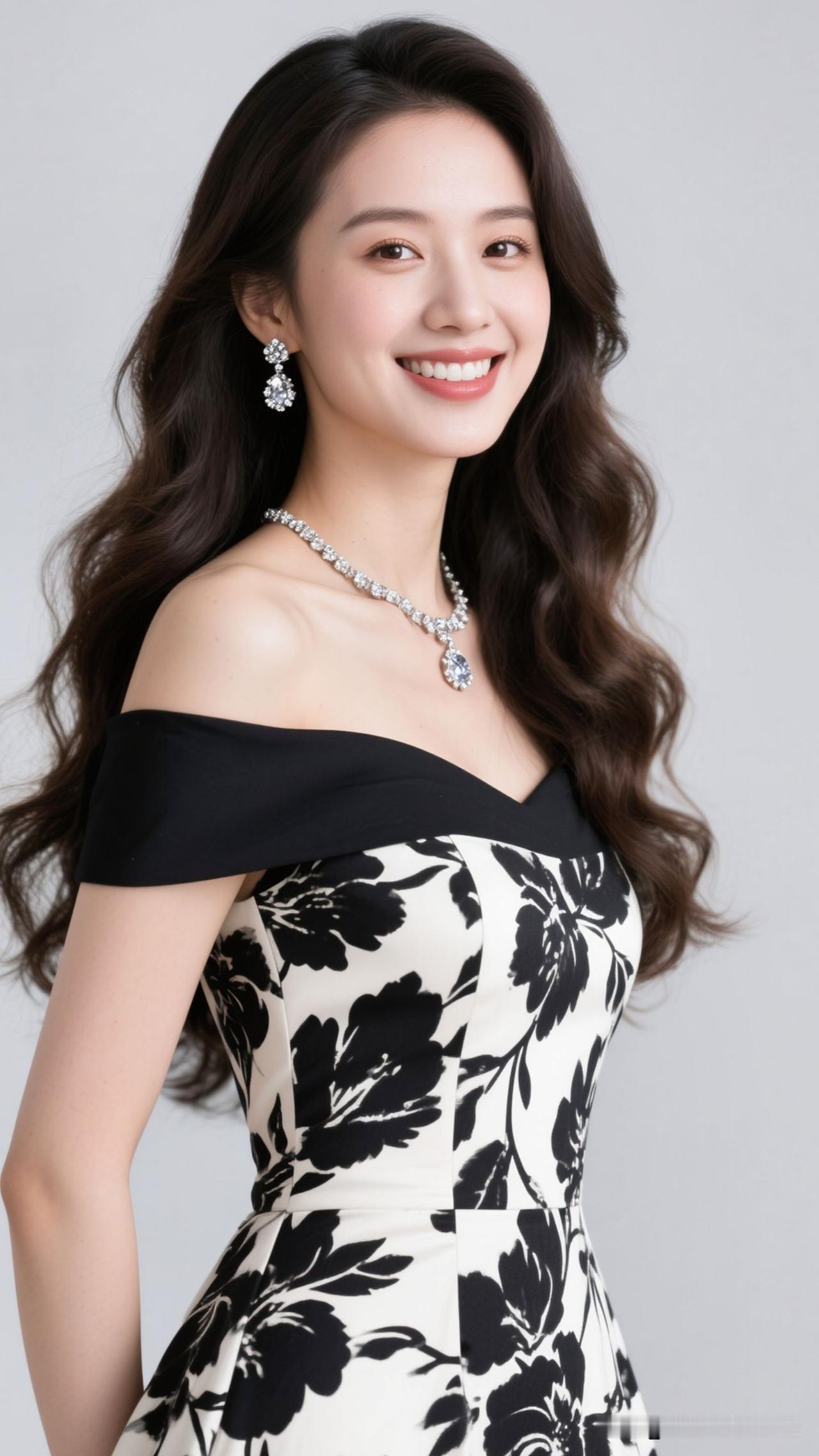 🌸 墨色花影吻过白缎，钻石项链坠着月的清辉，笑意漫开时，浪漫便成了具象的诗。紫