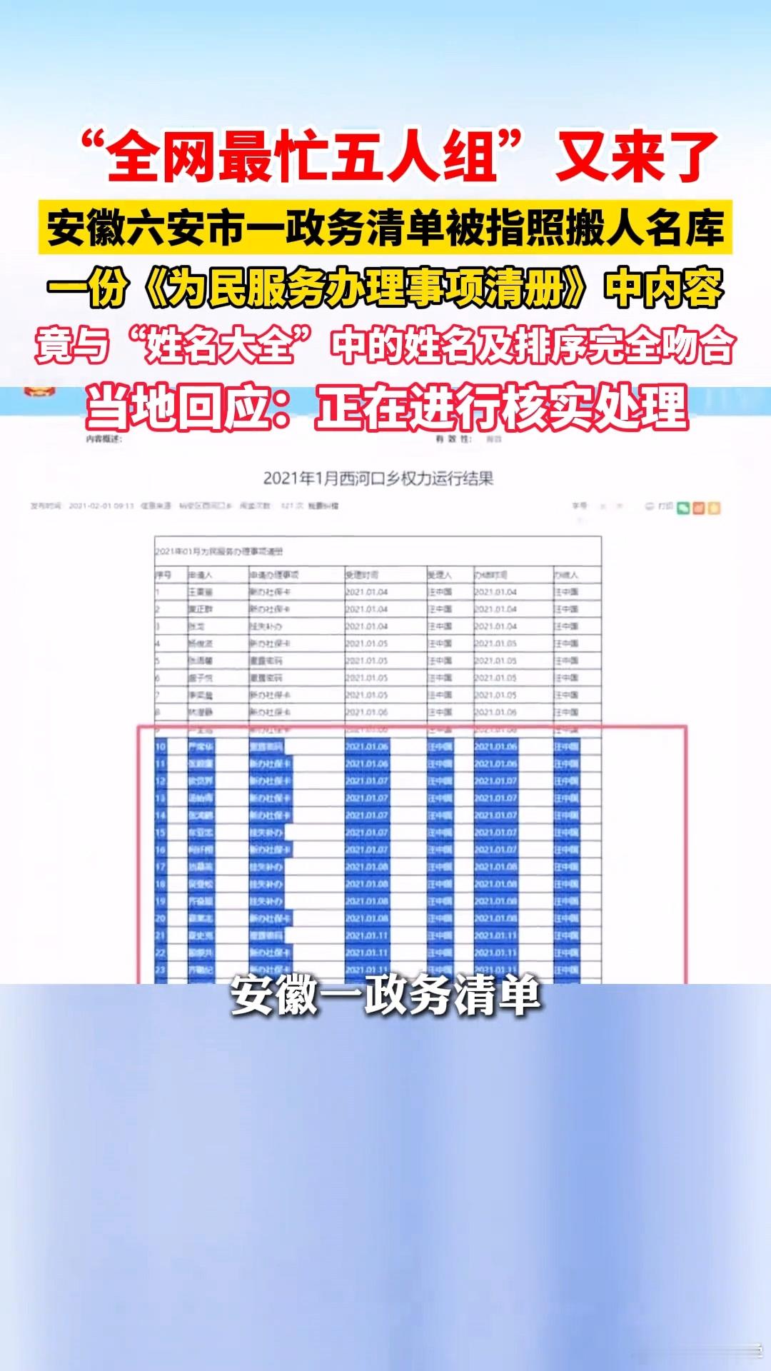 安徽六安一政务清单照搬百度人名库，《为民服务办理事项清册》严重弄虚作假，但凡把顺