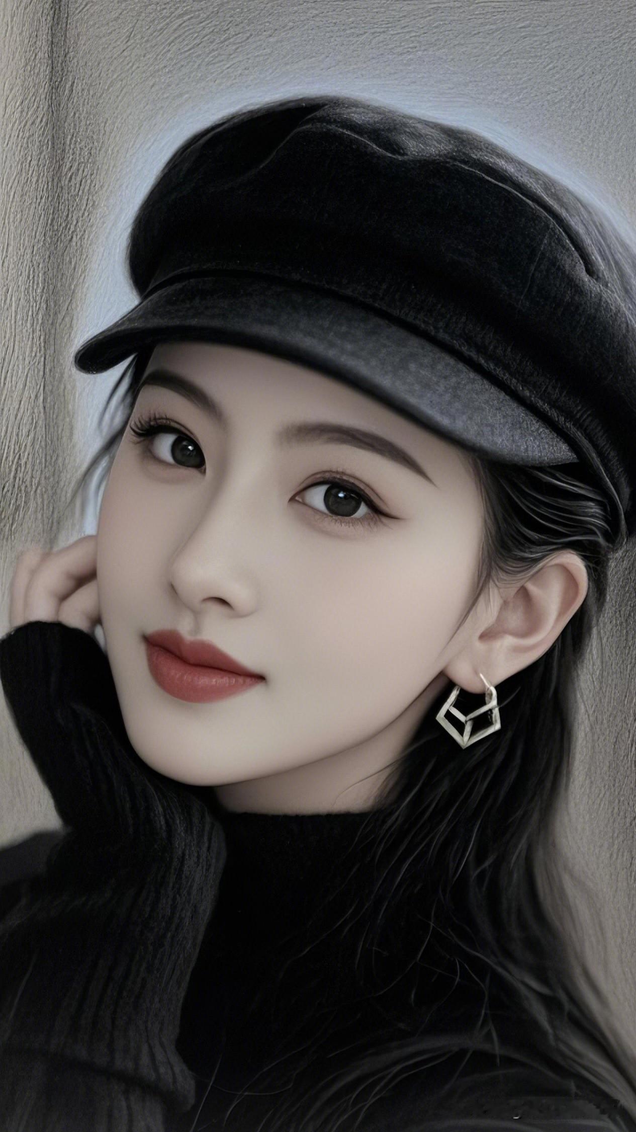 红妆美人倚，黑帽映秋光。优雅自信穿搭分享 复古风穿搭指南：黑色贝雷帽+几何耳环，