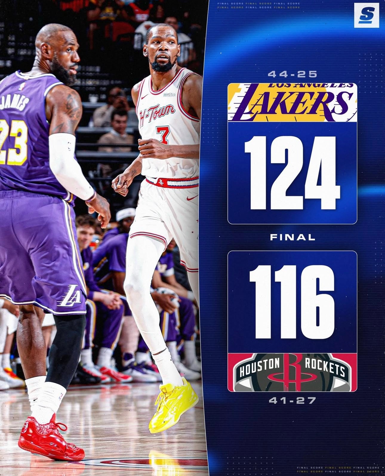 东詹合砍70分！湖人三天两胜火箭！詹姆斯出战34分钟，14投13中（一球不进）！