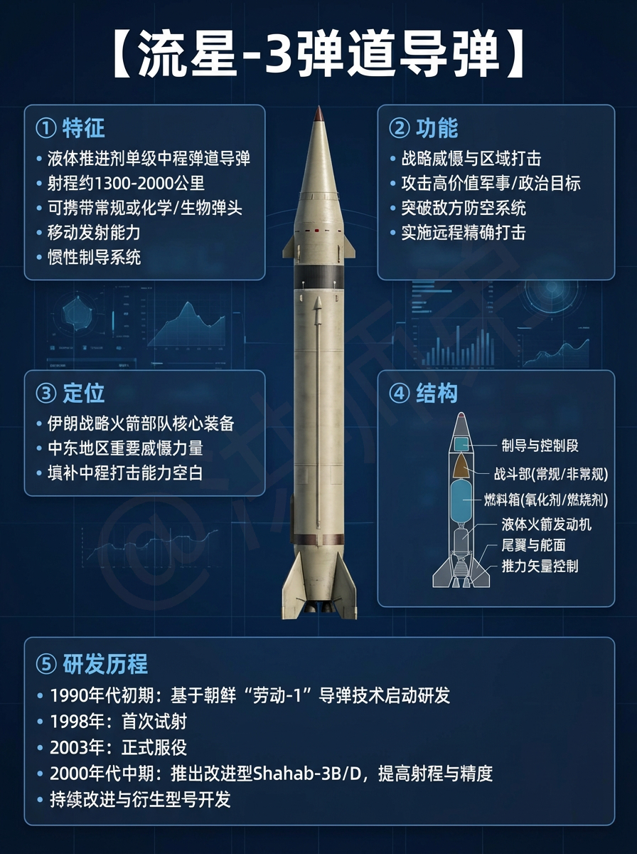 全球武器装备盘点 流星-3弹道导弹流星-3弹道导弹是伊朗研发的一款中程弹道导弹，
