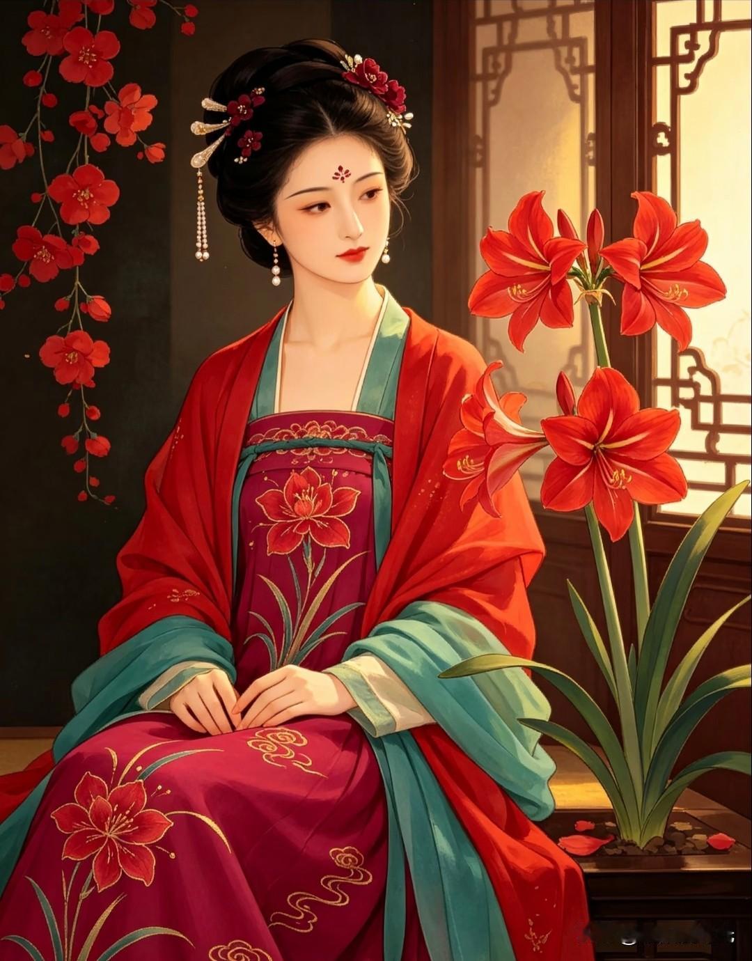 一袭红裙唐妆，鬓边珠花轻摇，眉间花钿明艳动人。朱顶红灼灼盛放，艳红似霞，与仕女身