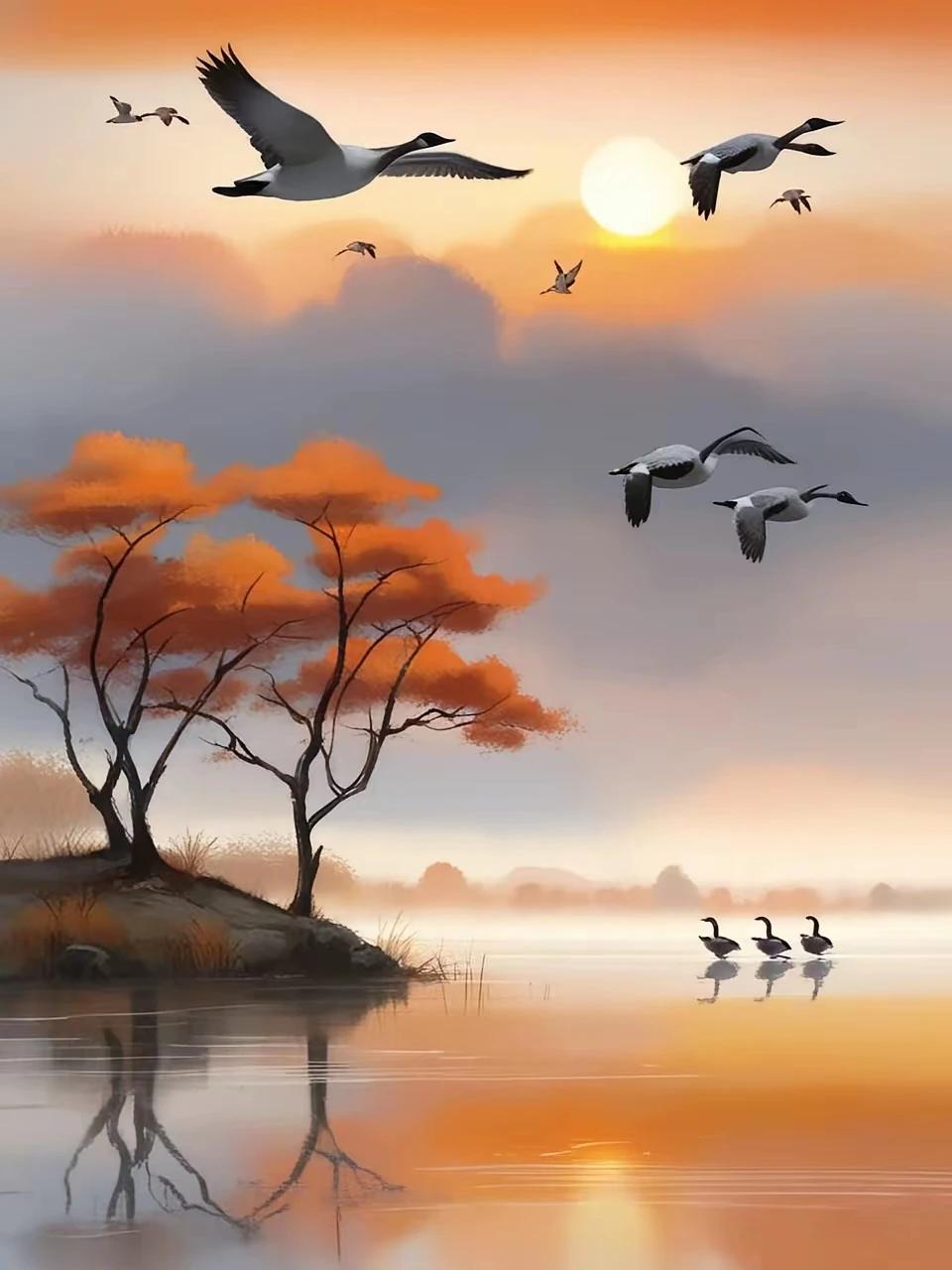 上联：晓雾漫堤秋水寒，
下联：晨曦微露春风暖。