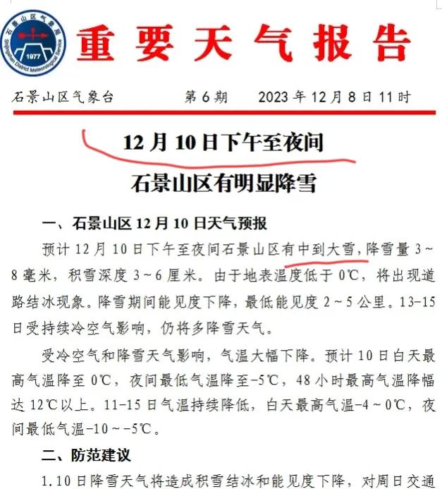 准备出发去石景山赏雪了，中到大雪，今天现在石景山的雪下得怎么样了？有没有石景山的