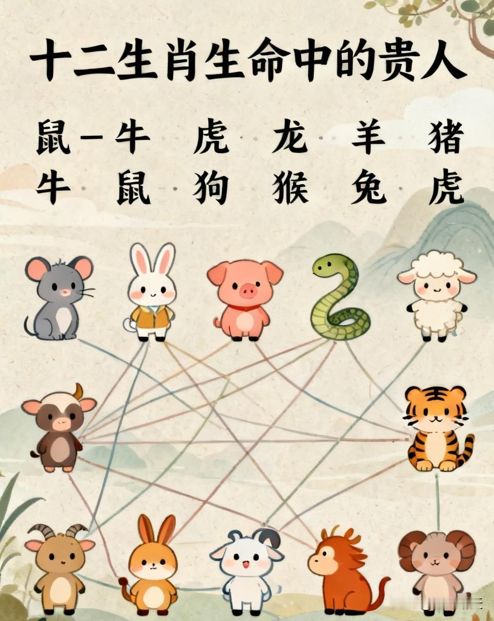 十二生肖生命中的贵人：
1、鼠：终身贵人牛
2、牛：终身贵人鼠
3、虎：终身贵人