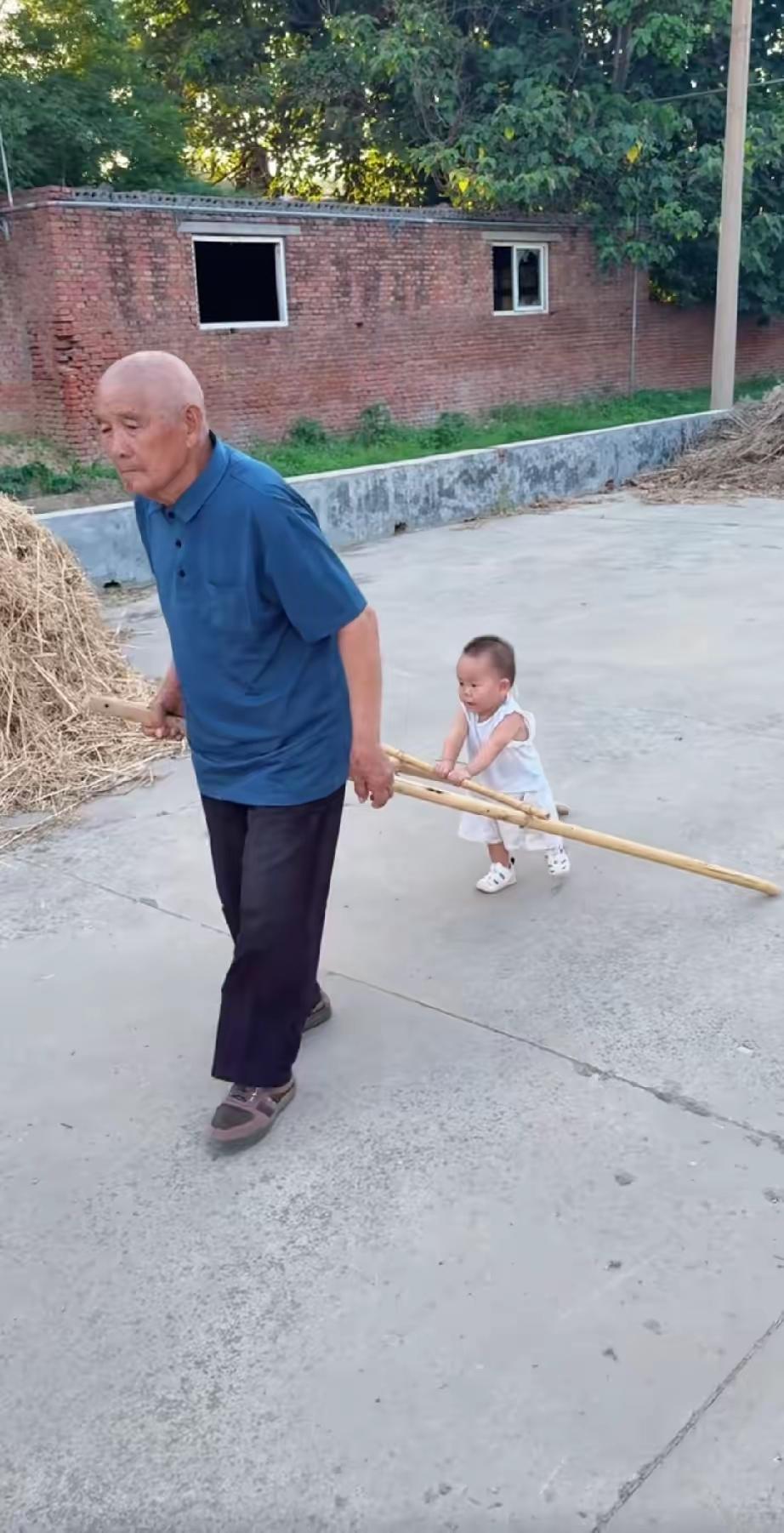 老爷子八、九十岁了。颤巍巍的，步履蹒跚。曾孙子如一稚嫩的粉团，牙牙学语，蹒跚学步