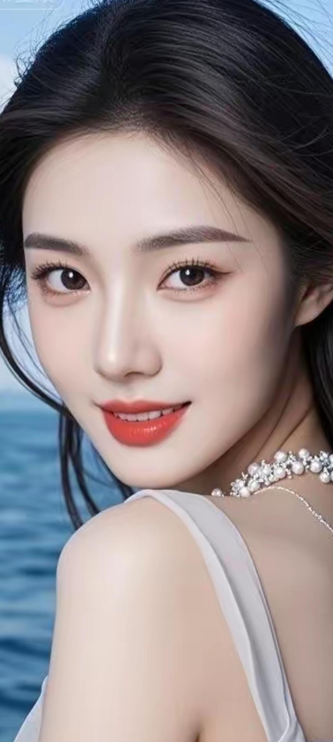 优雅的海边自拍，珍珠项链点缀，温柔笑容，完美女神！