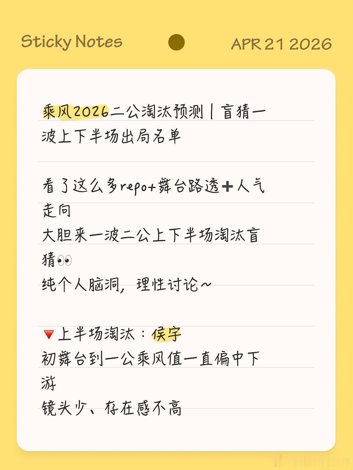 乘风2026二公淘汰预测，盲猜一波！看了这么多repo+舞台路透+人气走向大胆来