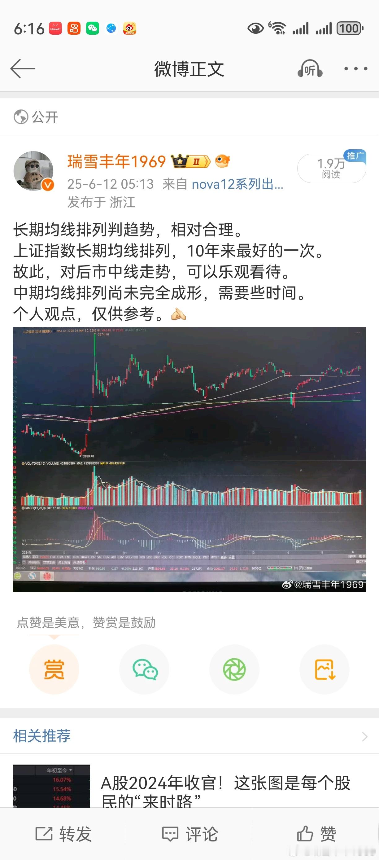 这条微博，谈谈什么才是切实有效的技术分析。长期均线排列，10年来最好的一次。中期