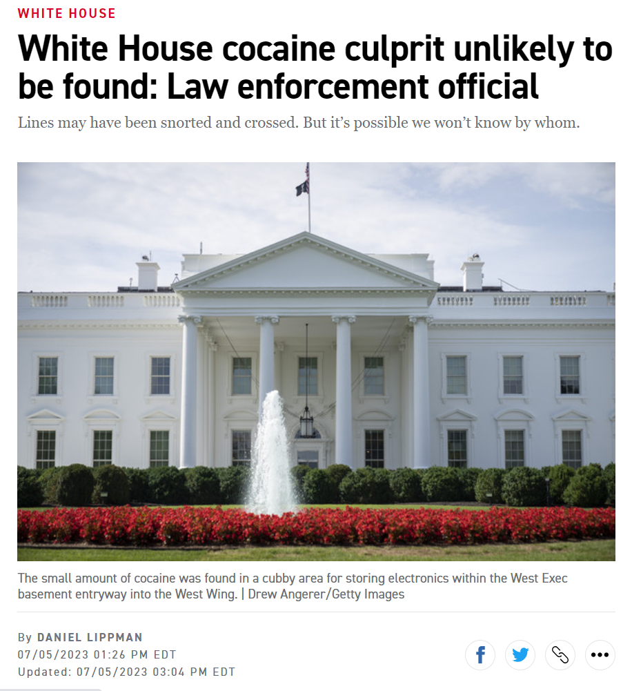 白宫新闻秘书证实，白宫发现了一小包可卡因！特勤局一名官员在西翼一个小房间发现。执