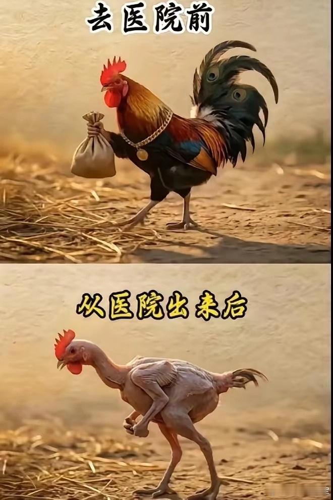 看 病雄赳赳，气昂昂，金链钱袋走四方。羽毛亮，冠子红，谁人比我更风光？进得门，白