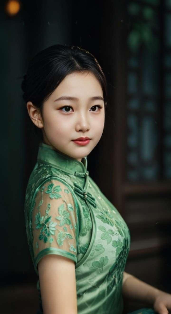 AI扩图 AI绿旗袍佳人