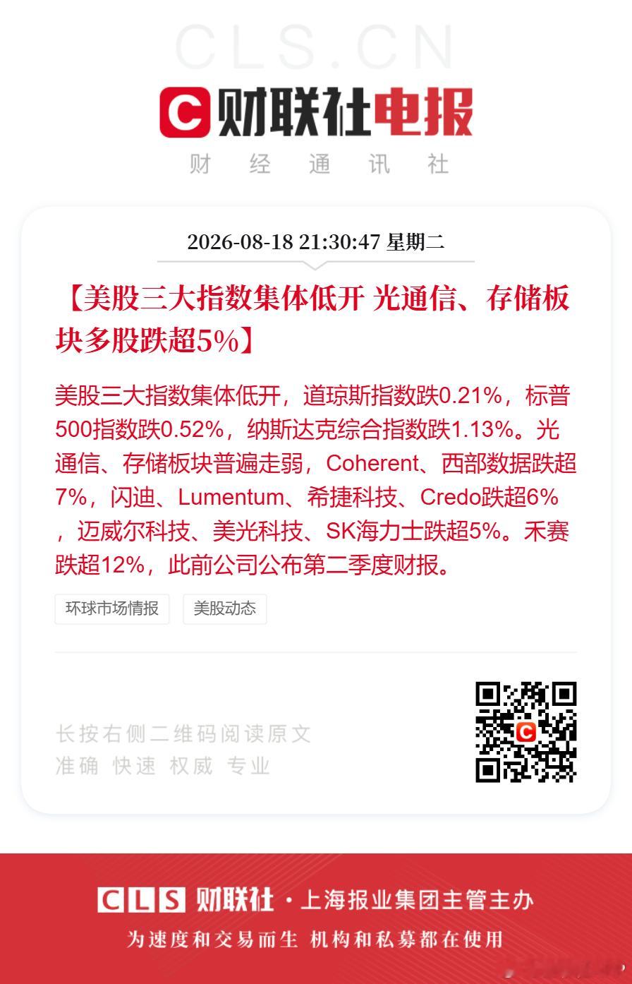 美股光通信存储多股跌超5%【美股三大指数集体低开 光通信、存储板块多股跌超5%】