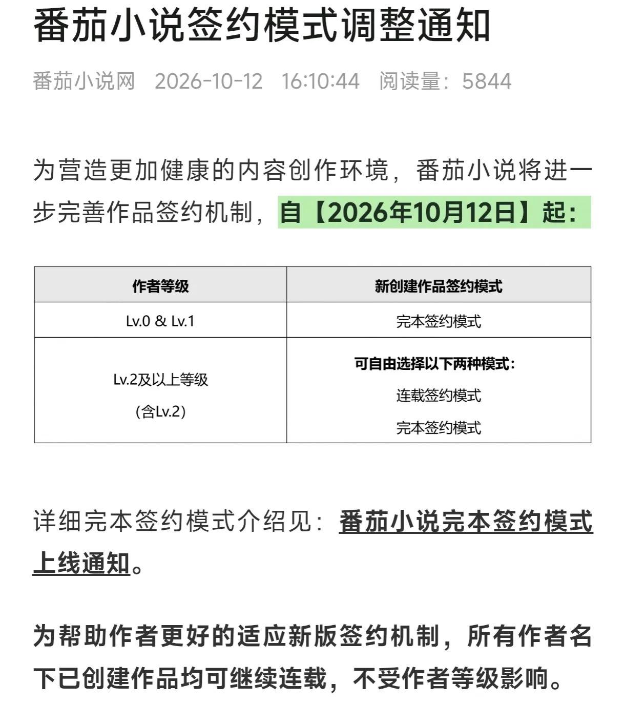 番茄小说调整了签约模式，LV2及以上等级的作者才能使用连载模式写小说，LV0和L