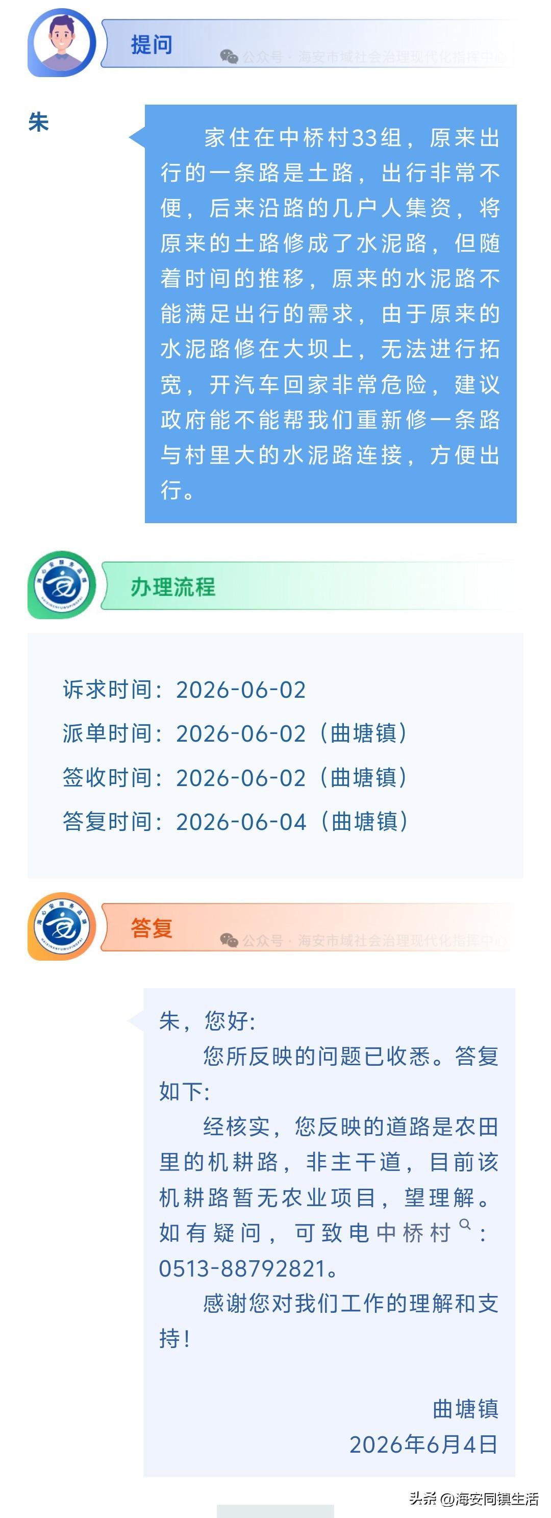 海安网友反映:  家住在中桥村33组，原来出行的一条路是土路，出行非常不便，后来