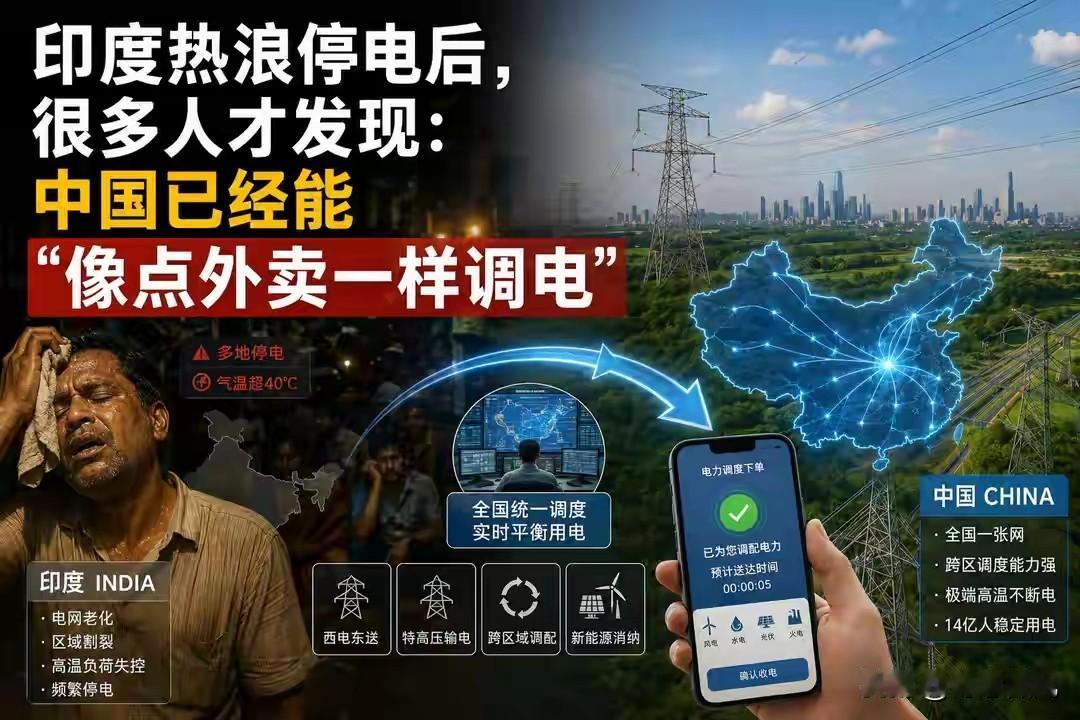 印度热浪停电后，人们才发现：中国能“像点外卖”一样千里调电。
 
5月下旬的印度