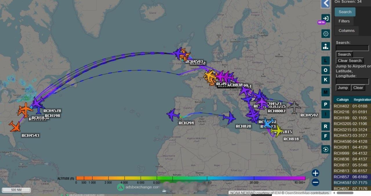 过去 24 小时内，美国空军大规模战略运输机往返于欧洲和中东之间的飞行情况：6 