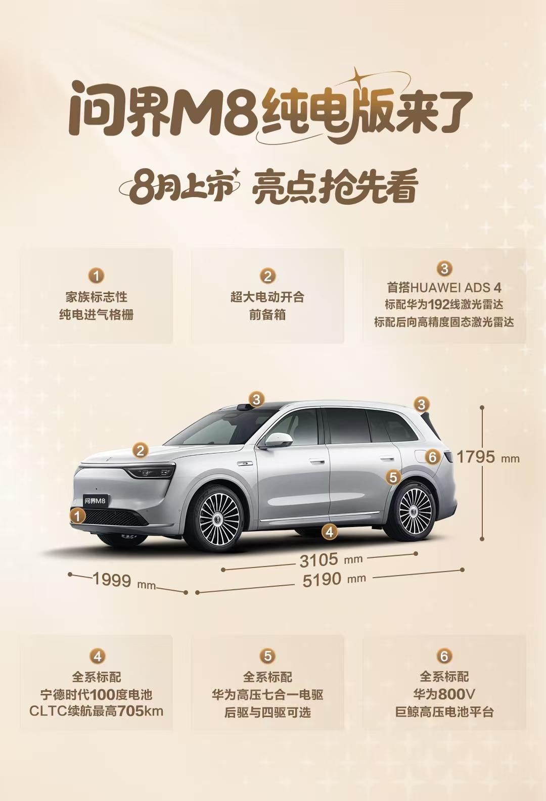 问界M8 纯电版，8月上市！家庭智慧旗舰SUV，纯电力作。更多精彩，敬请期待！问