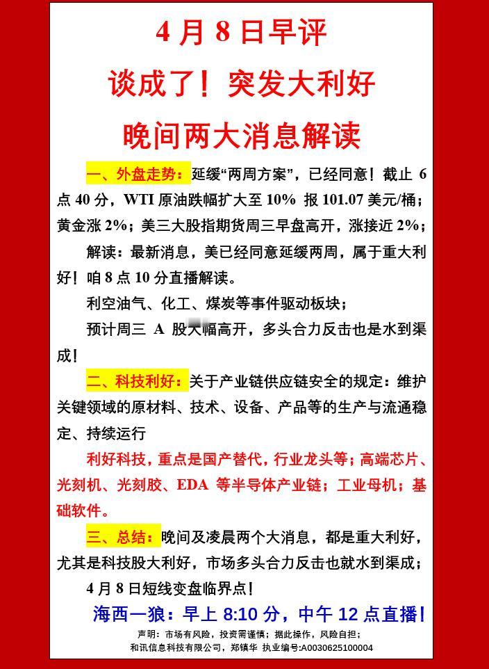 谈成了，突发大利好，晚间两大消息解读；4月8日早评
一、外盘走势：延缓“两周方案