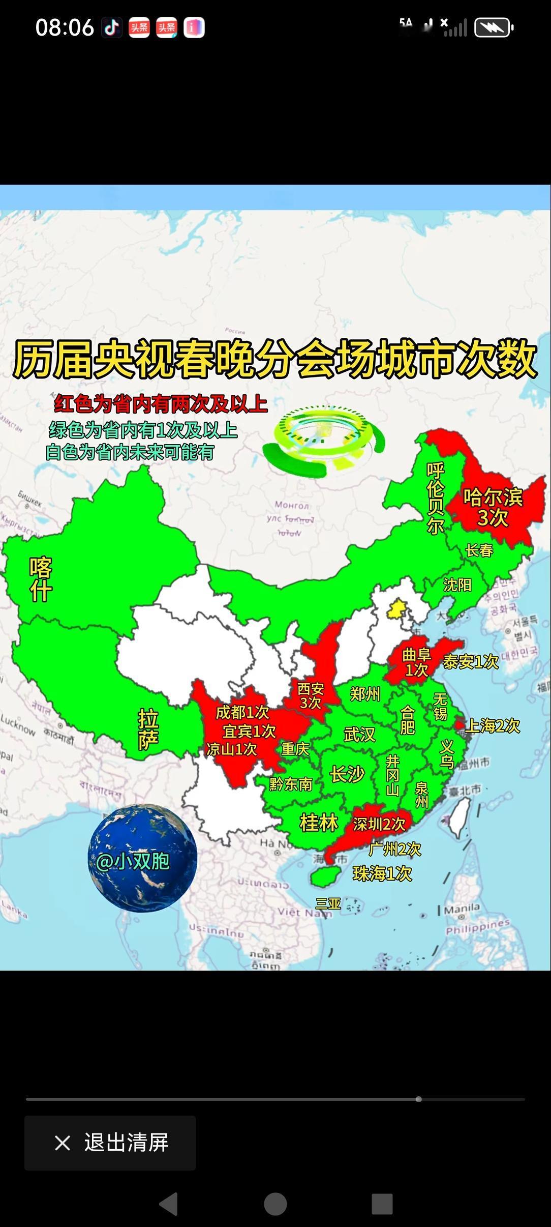 我国历届央视春晚分会场的次数
红色颜色的代表了举办过两次及两次以上。
而白色的区