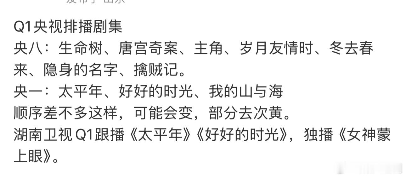 Q1央视排播剧集，大家最期待哪一部央八：生命树、唐宫奇案、主角、岁月友情时、冬去