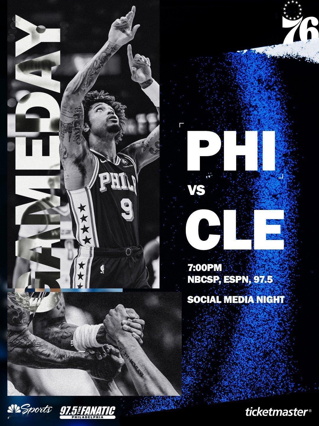 常规赛第40场：76人vs骑士首发阵容名单：马克西、埃奇库姆、乔治巴洛、恩比德费