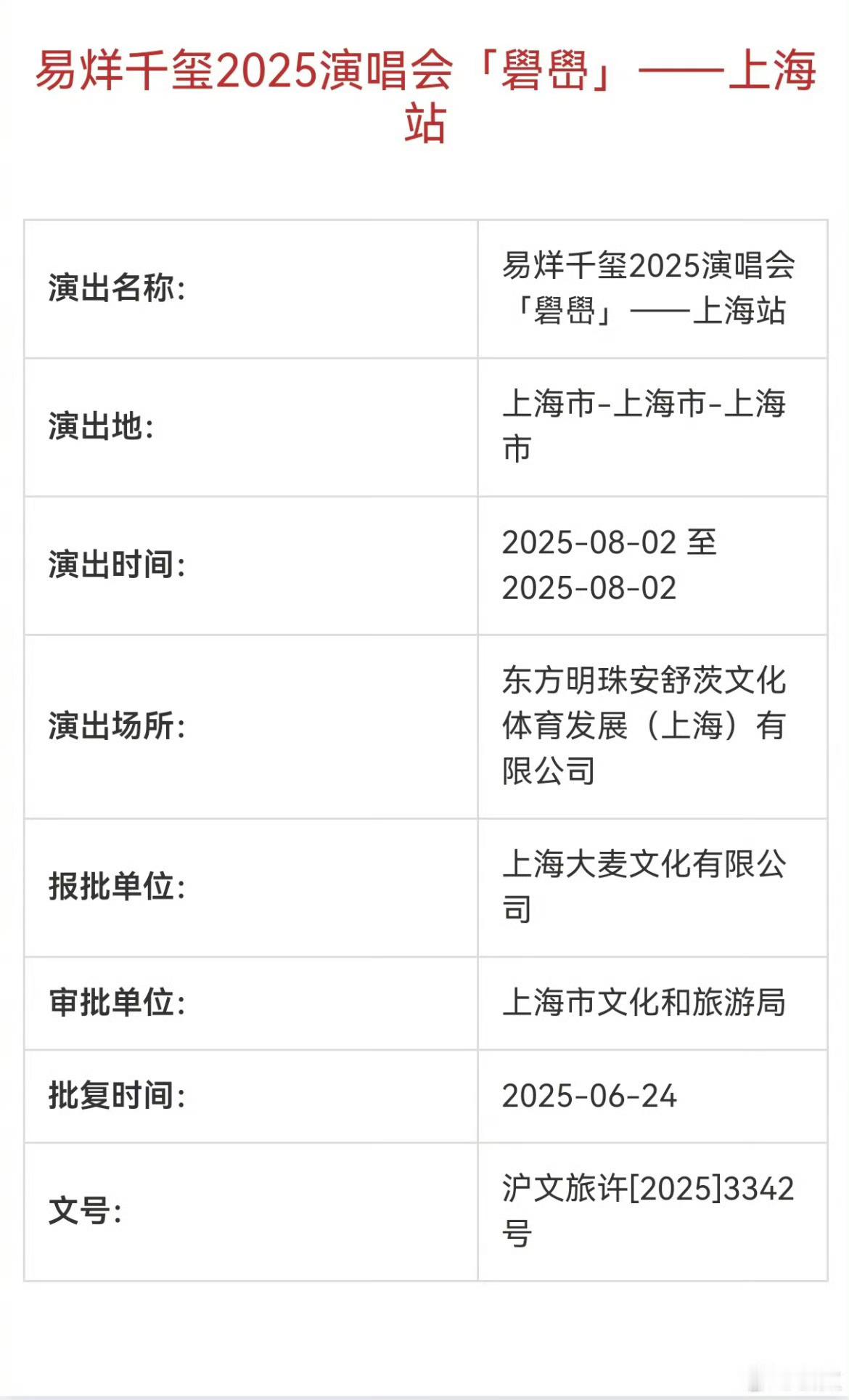 易烊千玺上海演唱会审批已通过，太好了又可以听他唱歌了，期待玺子哥的演唱会! ​​