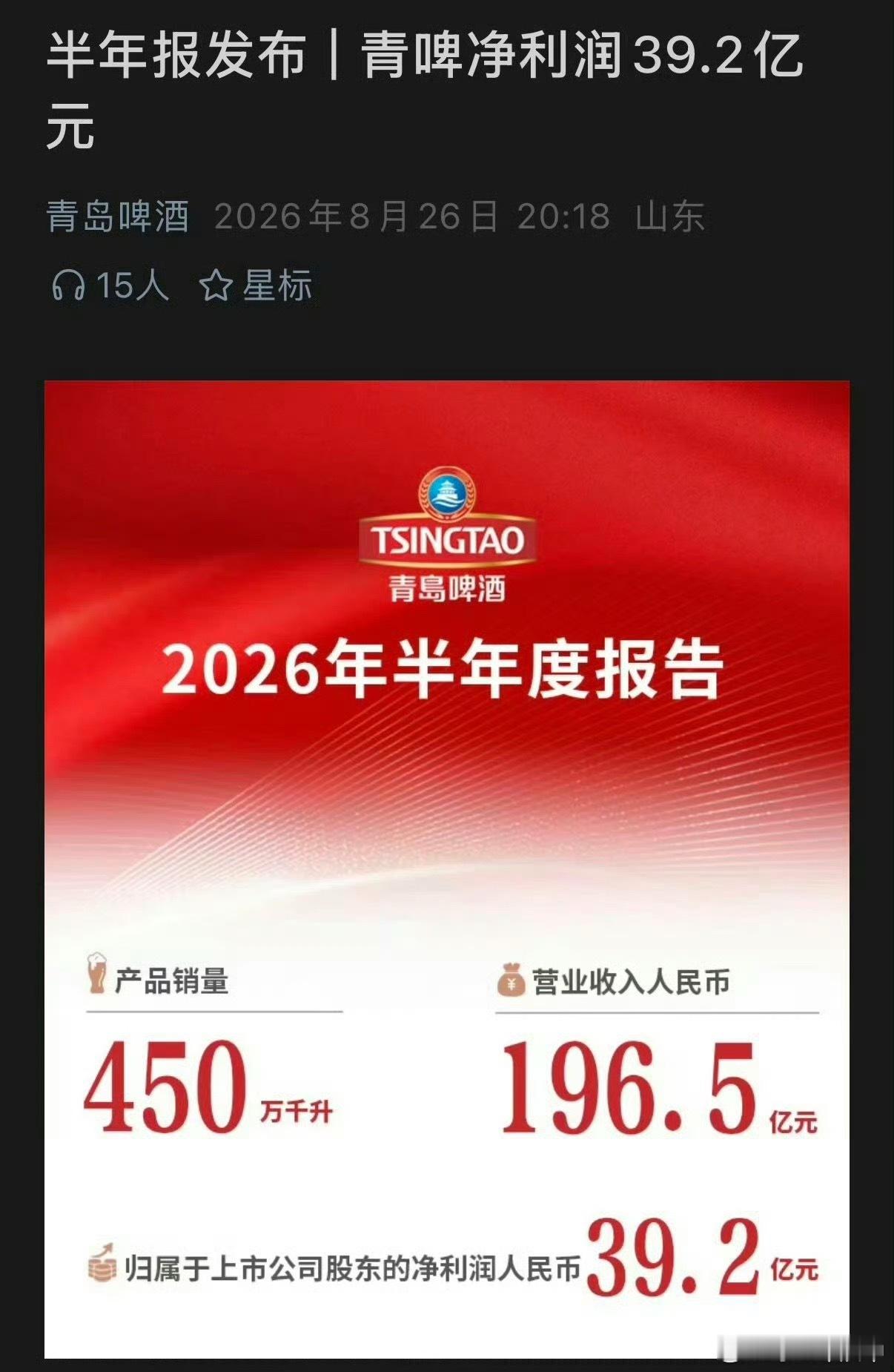 2026年青岛啤酒🍻上半年净赚39.2亿，财报里专门cue了肖战推的"轻干"，