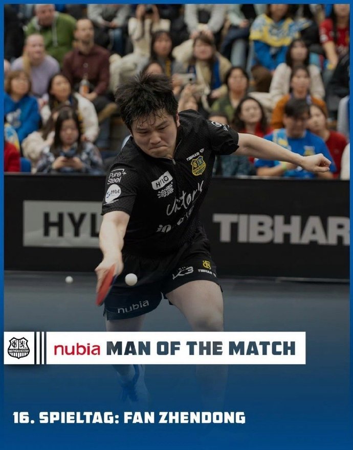 樊振东当选德甲第16轮最佳TTBL：樊振东当选德甲联赛第十六轮最佳球员！球迷们已