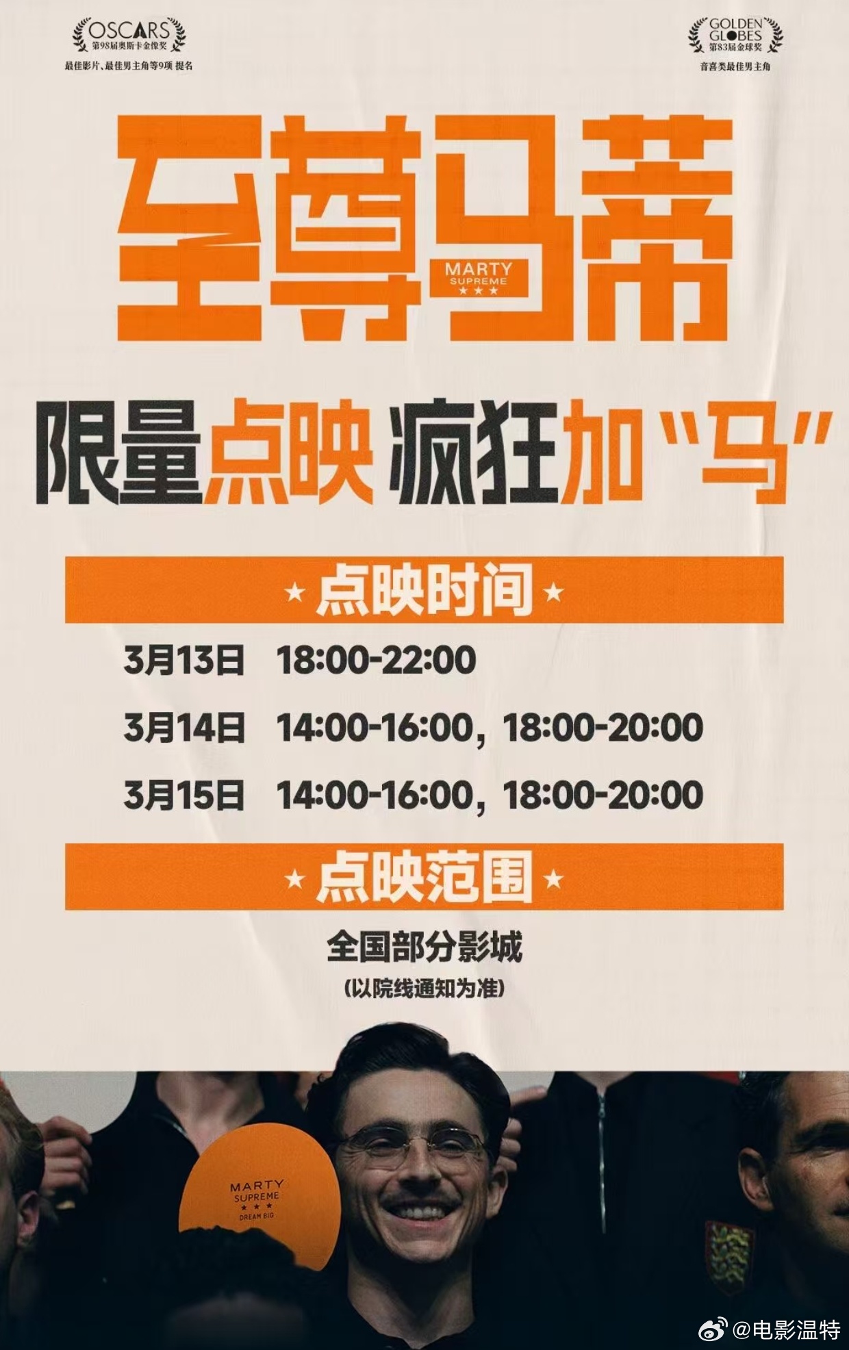 听听温特怎么说 3月20日上映的《至尊马蒂》下周五六日部分影城做点映，大概300