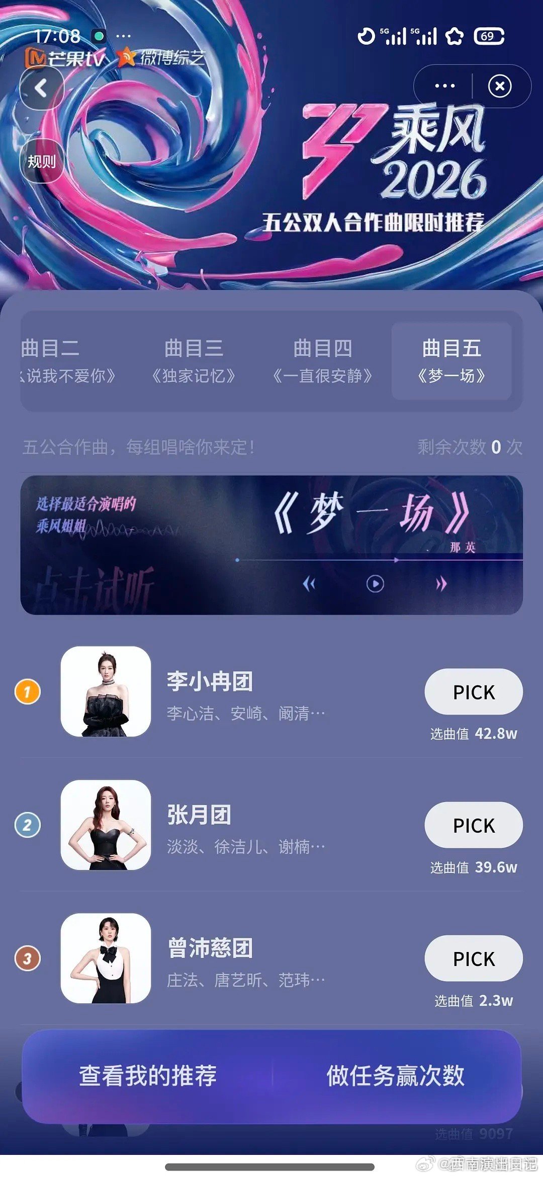 梦一场投票李小冉团反超张月团李小冉团反超张月团 梦一场投票李小冉团反超张月团 李