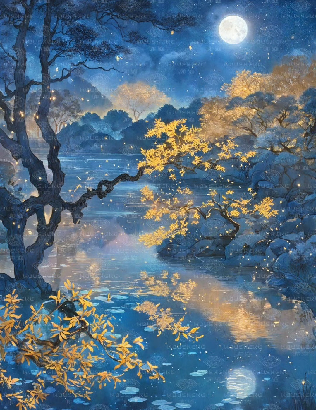 “  野烟含夕渚，山月照秋林 …  ” 