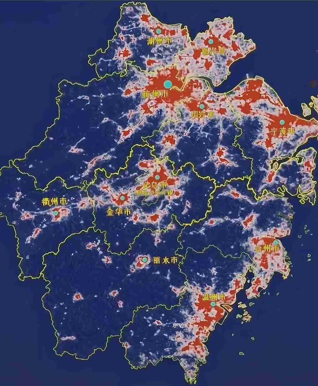 浙江省夜景灯光图，杭州市区以及周边真的亮啊！宁波作为浙江省GDP第二大城市，夜景