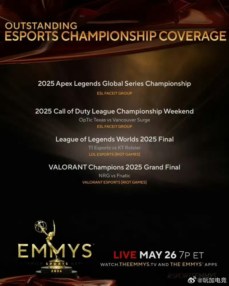 S15决赛获得艾美奖提名 2025英雄联盟全球总决赛冠亚军决赛T1 vs KT被