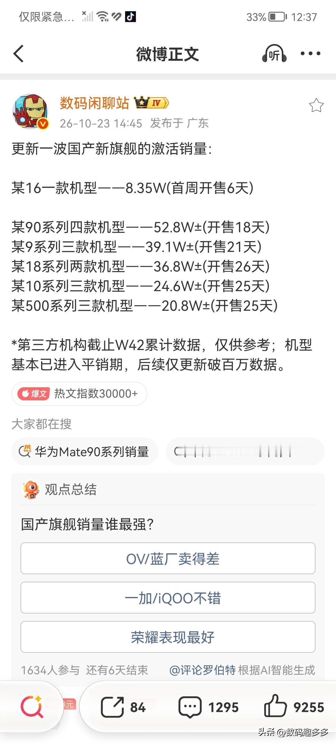 国产W42新旗舰的激活销量：

某16一款机型——8.35W(首周开售6天)
