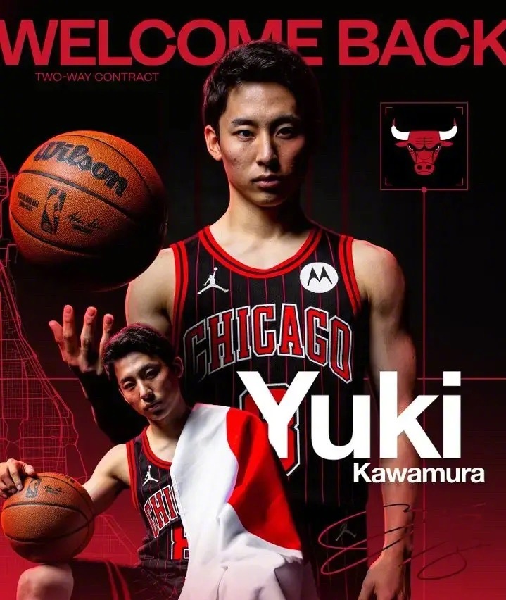 “又回来了”。NBA 公牛队官方宣布，与日本后卫河村勇辉签下了一份双向合同。在本