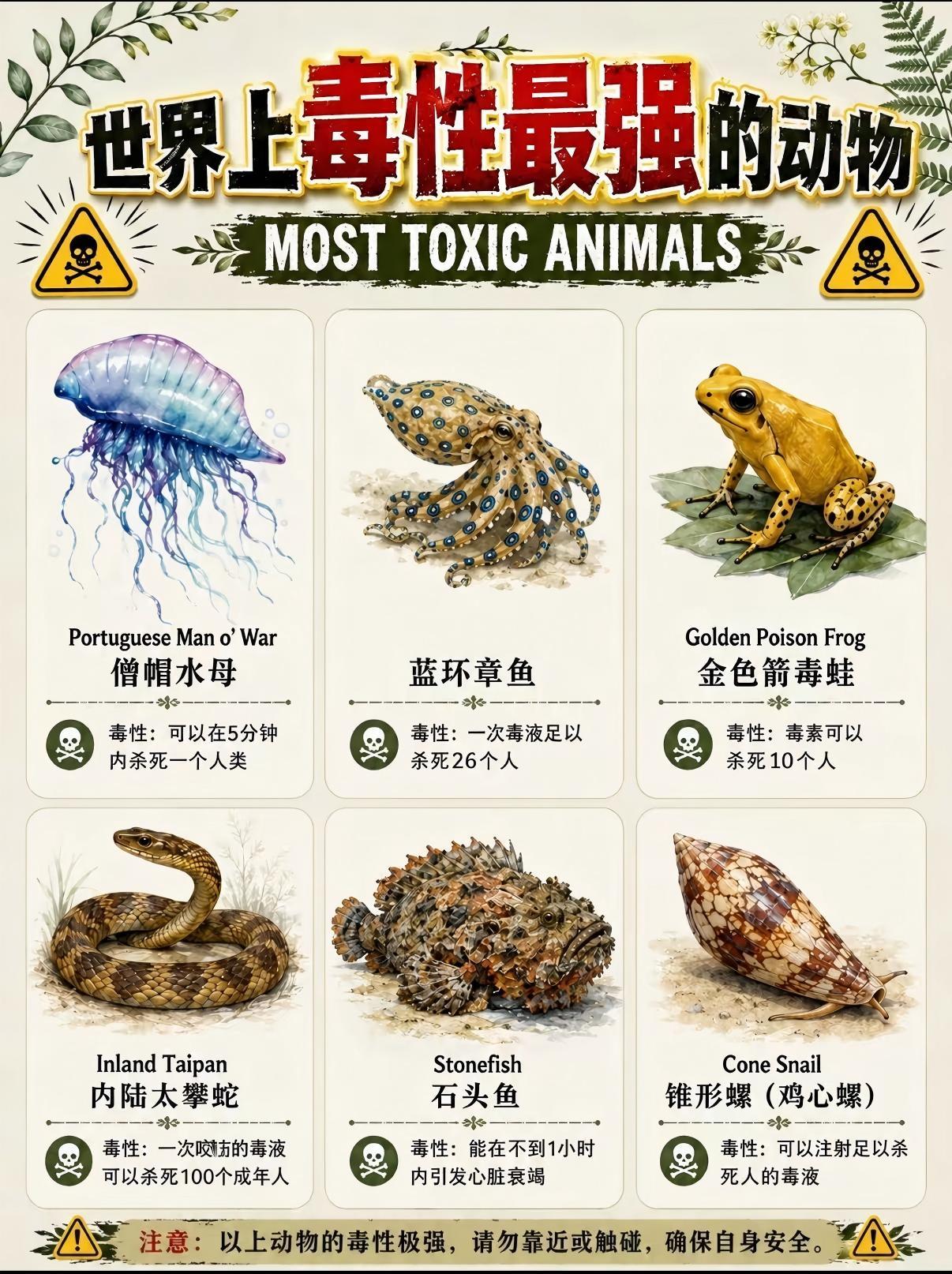 ⚠️全球六大剧毒动物图鉴，遇见千万远离！
 一张图认清世界毒性顶尖的 6 种生物