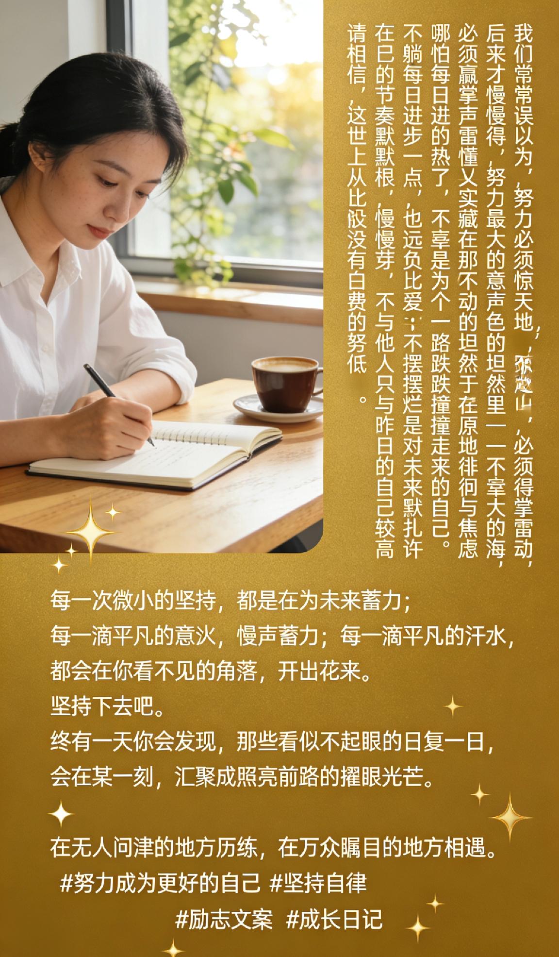 【不必追赶光，你也是自己的星辰】我们常常误以为，努力必须惊天动地，
必须跨越山海