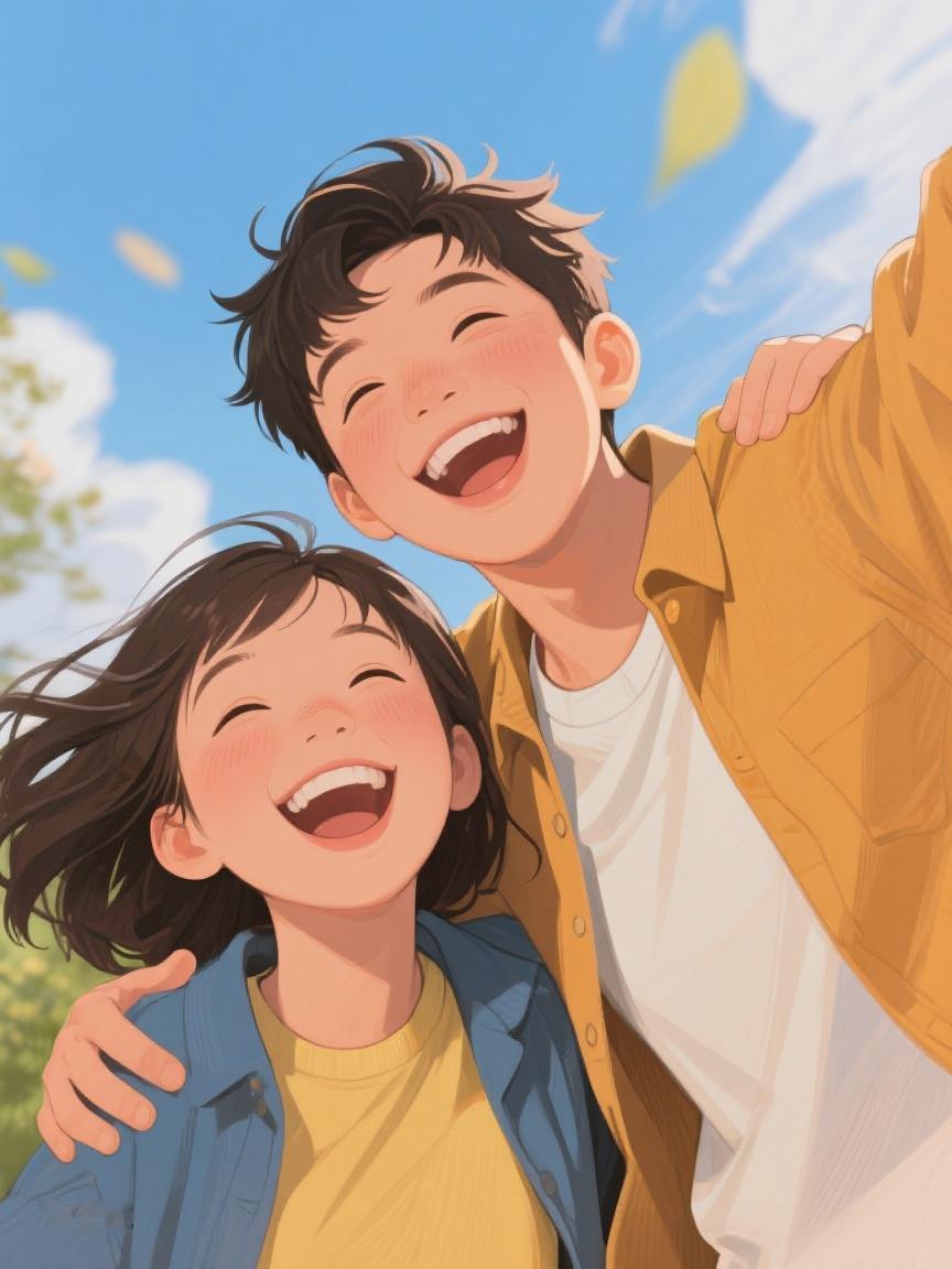 AI妙生图在灿烂阳光里，两人开怀大笑，那笑声似能融化岁月，让快乐在时光里流淌💕