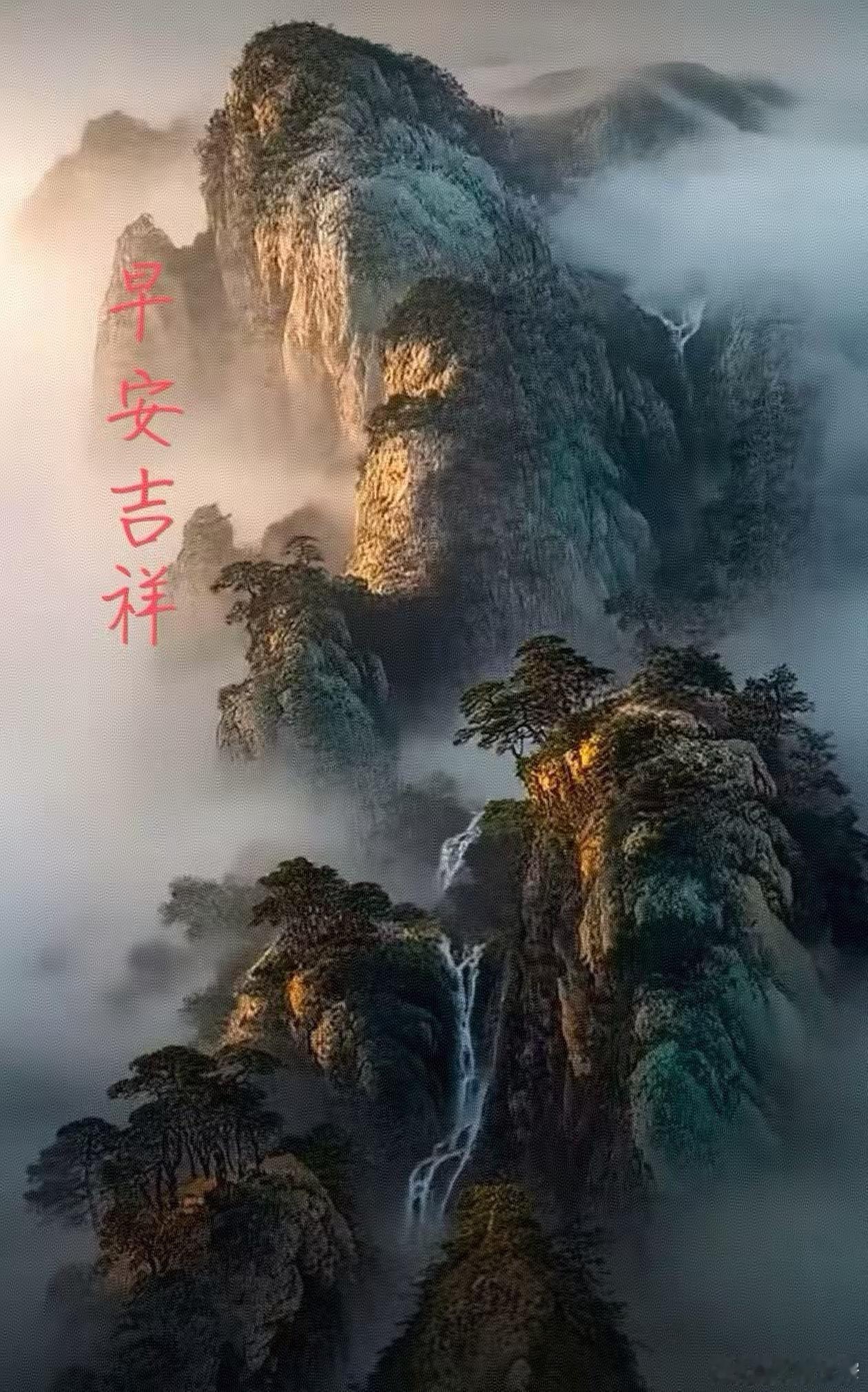 宽窄思语 观夫晨光破晓，霞彩流金。峻极于天之高岳，氤氲拔地之层云。峭壁生辉，映朝
