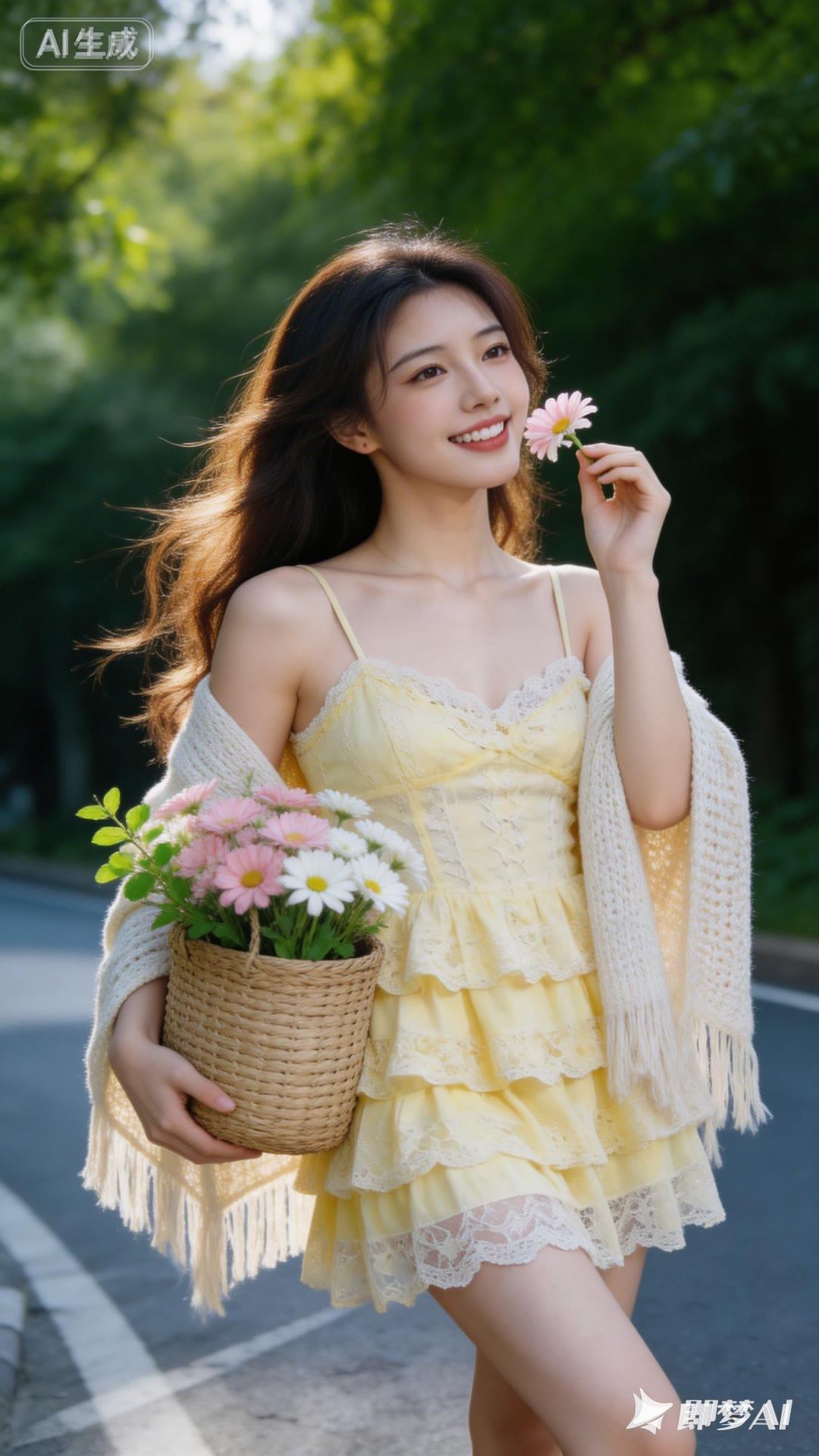 夏日甜美穿搭，花篮手捧，阳光下的少女