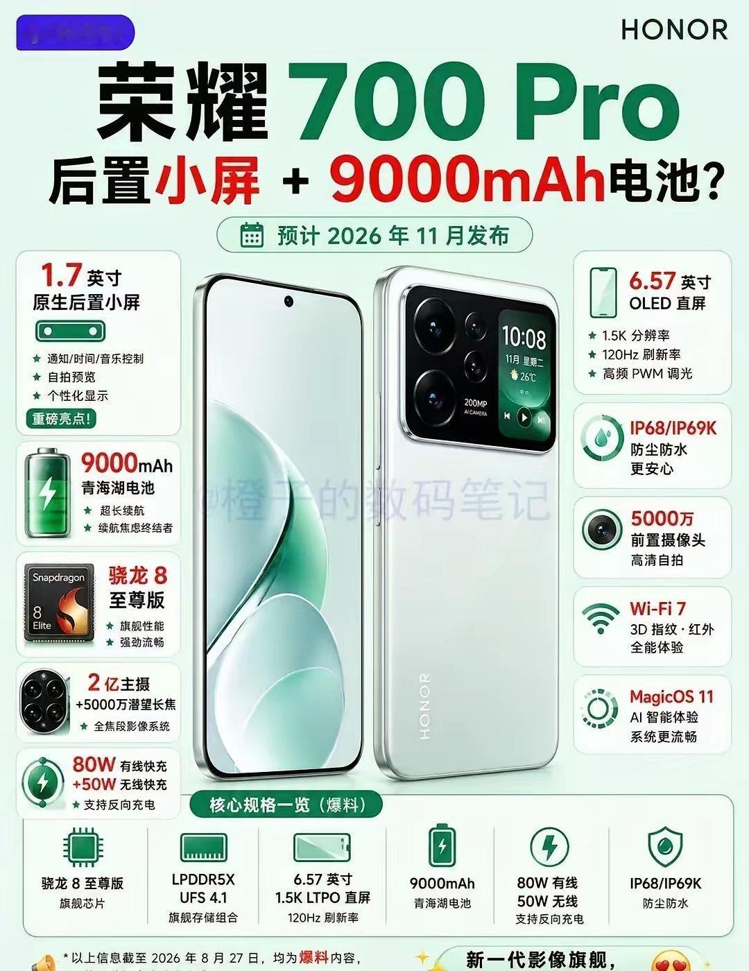 荣耀700 Pro配置信息来了🔥后置小屏搭配9000mAh大电池，这个组合真的