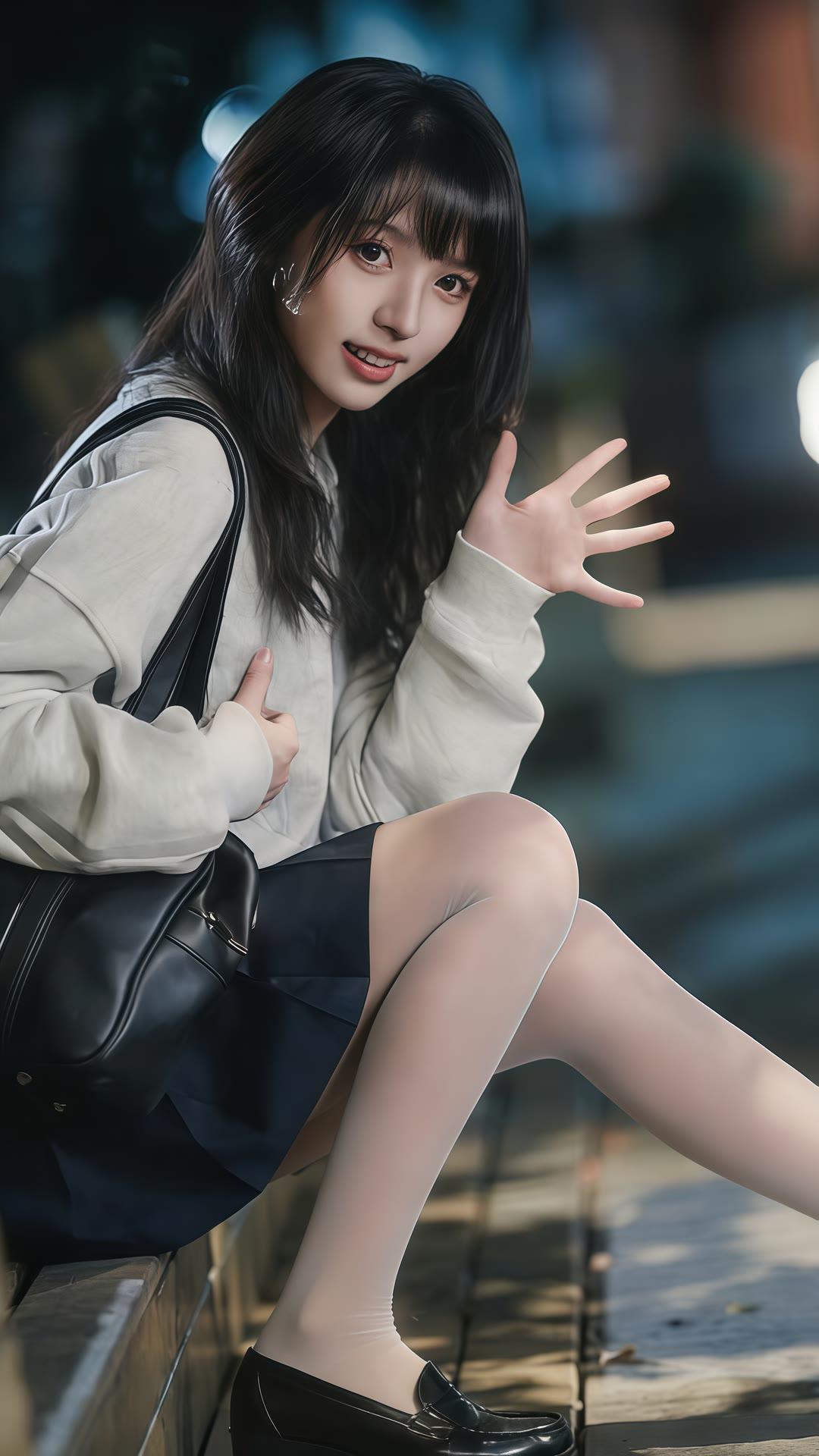 都市少女风，优雅黑裙搭配米色毛衣，手提包与高跟鞋完美搭配，夜晚街头的时尚穿搭。