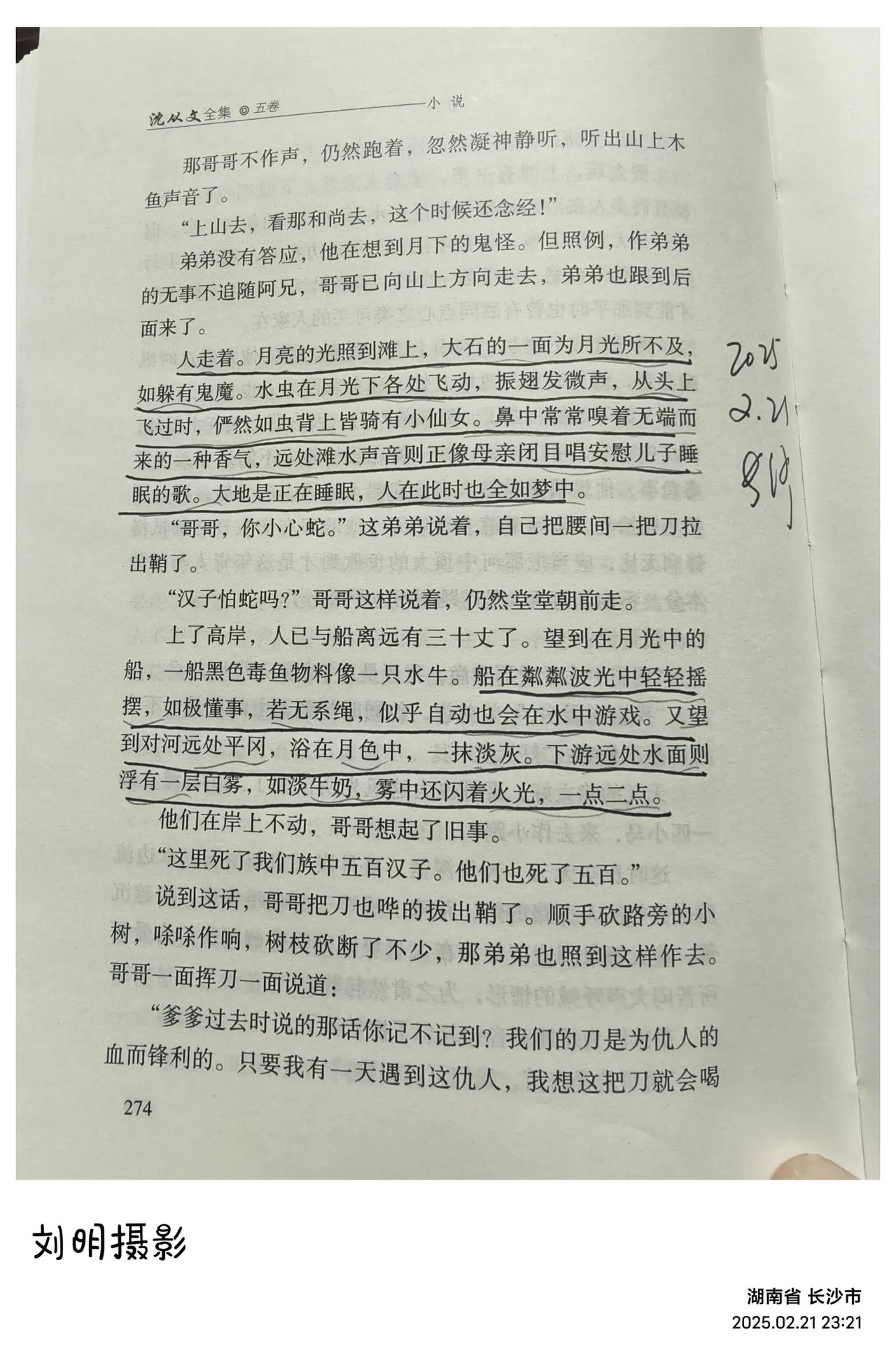 人走着。月亮的光照到滩上，大石的一面为月光所不及，如躲有鬼魔。水虫在月光下各处飞