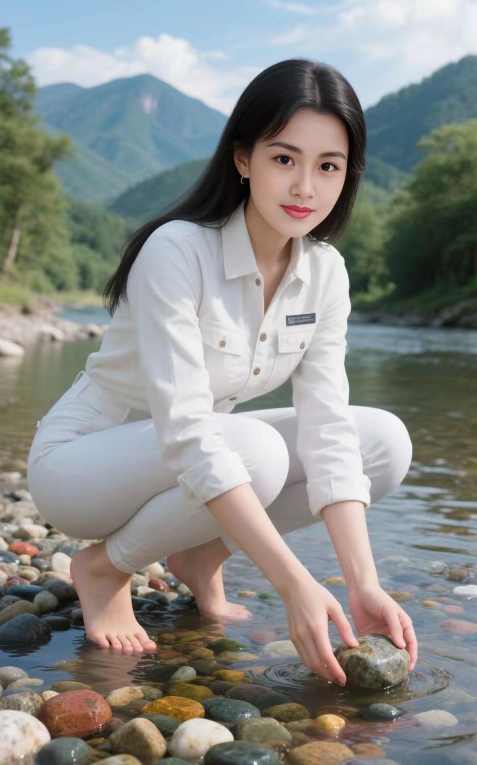 山间溪流边，白衣少女轻抚石子，静享自然之美。