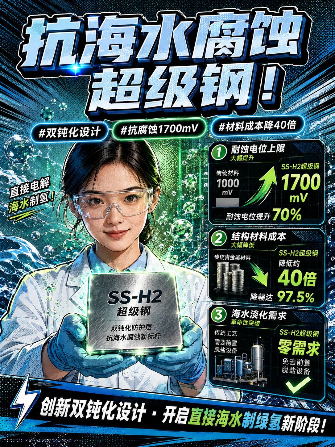 抗海水腐蚀超级钢问世，直接电解海水制氢材料成本大降40倍！

清洁能源建设推进，